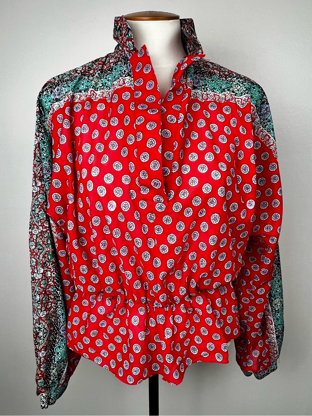 Vintage 70s Nancy Greer Blouse Bandana Print Dolman Sleeve Small